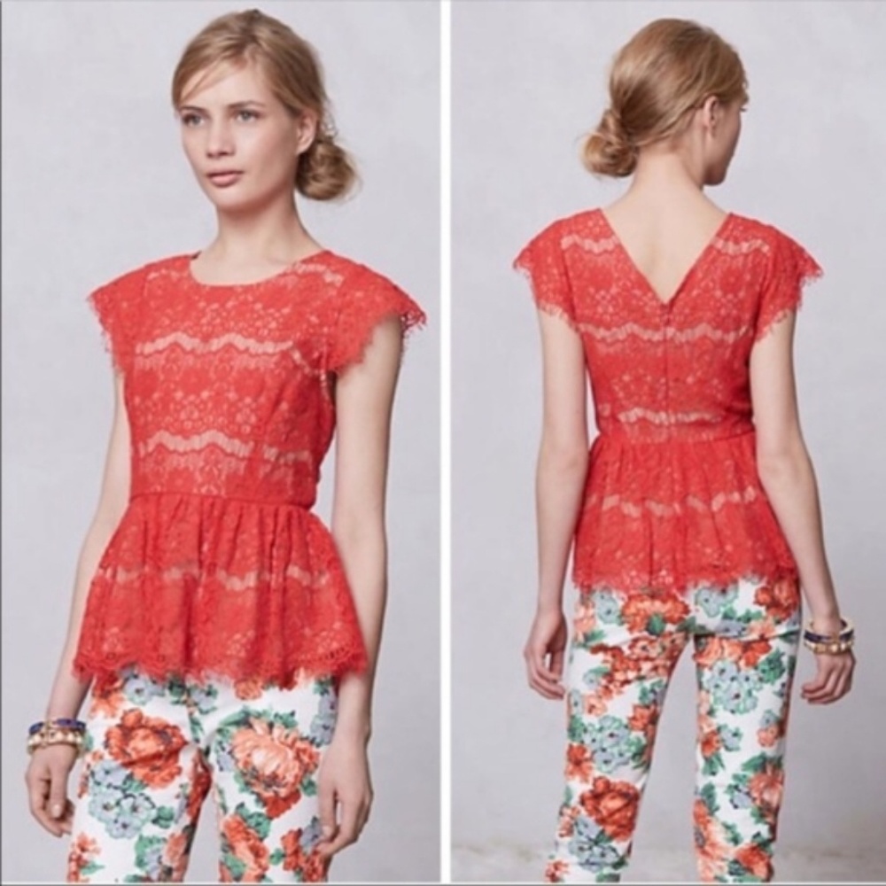 Anthropologie | Maeve Red Lace Peplum Blouse
M